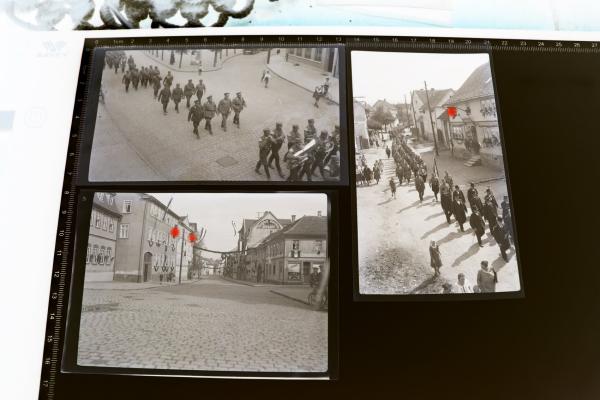 drei alte Negative - SA Marsch durch mir unbekannte geschmückte Stadt - Werbung Ausstellung Wohnräume Georg John.